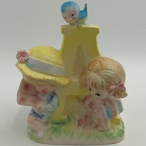 Vintage Nursery Planter with Blue Bird Boy Girl and Letter A Pastel Colors Japan